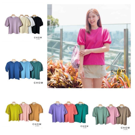 Chom เสื้อยืดแขนตุ๊กตา จับจีบแขน ผ้ารังผึ้ง